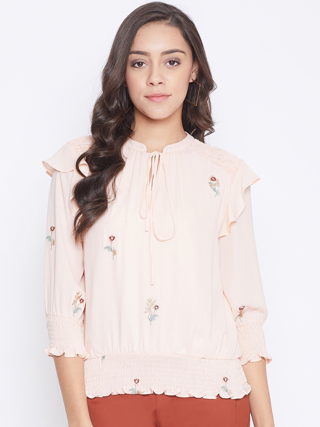 

Madame Peach-Coloured Floral Embroidered Tie-Up Neck Blouson Top