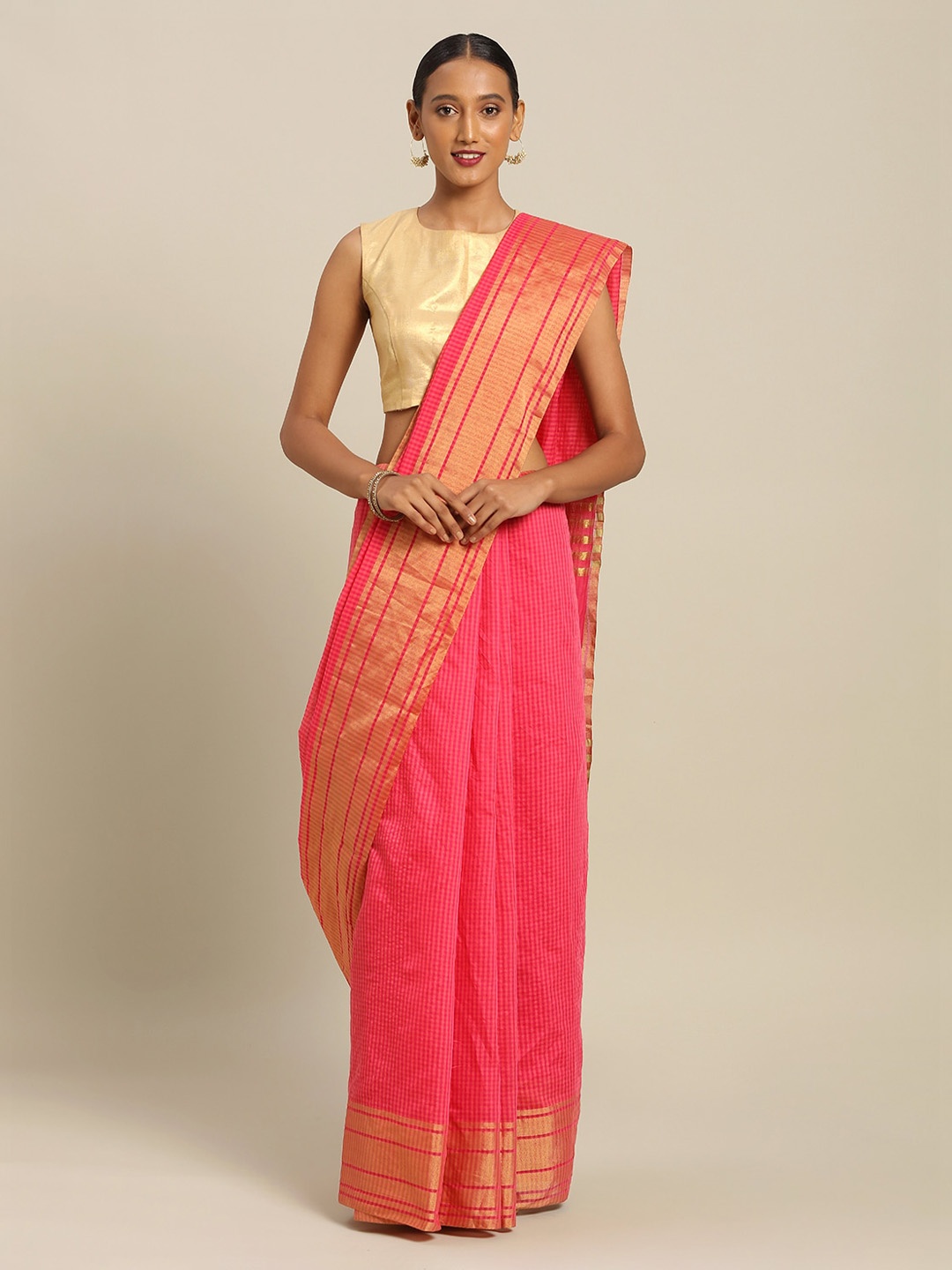 

Florence Pink Checked Art Silk Saree