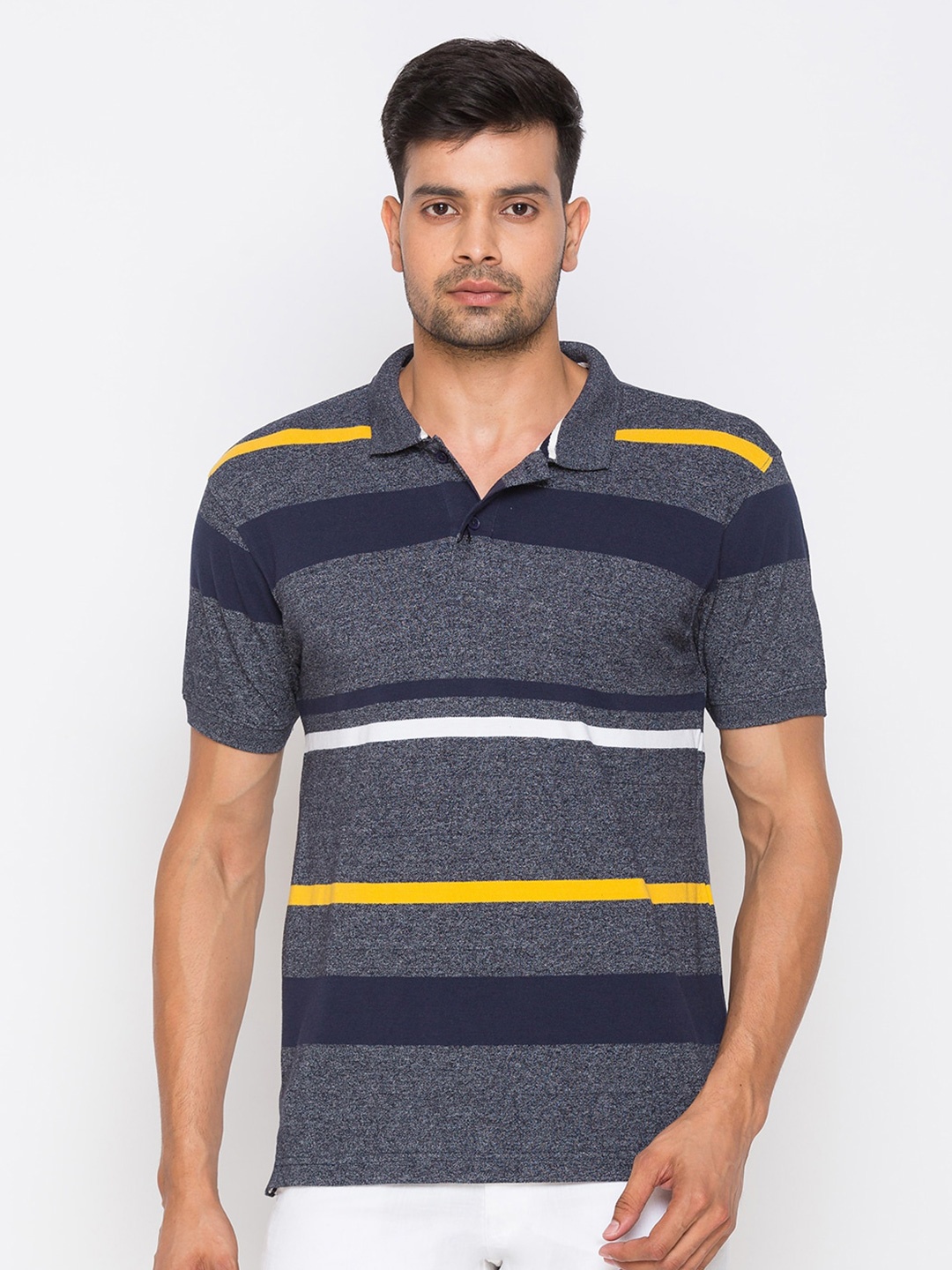 

Globus Men Navy Blue & yellow Cotton Striped Polo Collar T-shirt