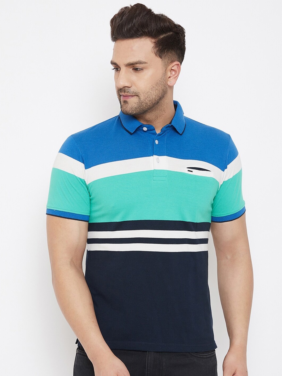 

Okane Men Navy Blue Colourblocked Polo Collar T-shirt