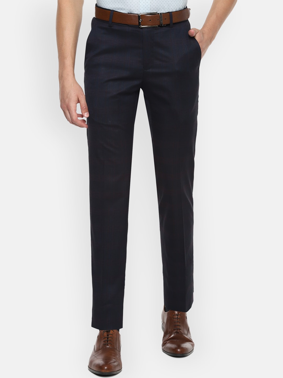 

Peter England Elite Men Navy Blue Slim Fit Self Design Formal Trousers