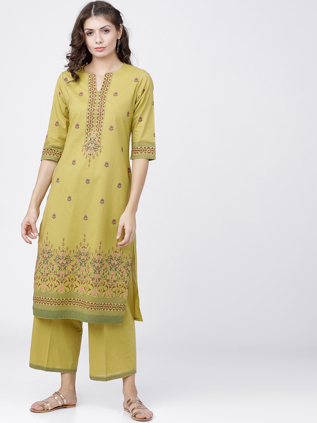 

Vishudh Women Green & Brown Floral Printed Floral Kurta