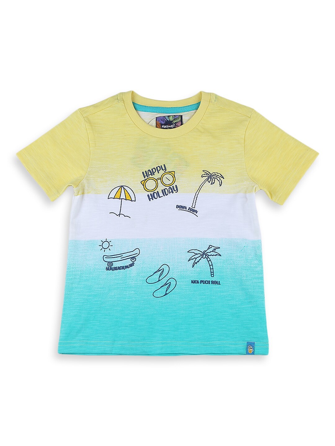 

Nauti Nati Boys Blue & Yellow Pure Cotton Colourblocked & Printed Round Neck T-shirt