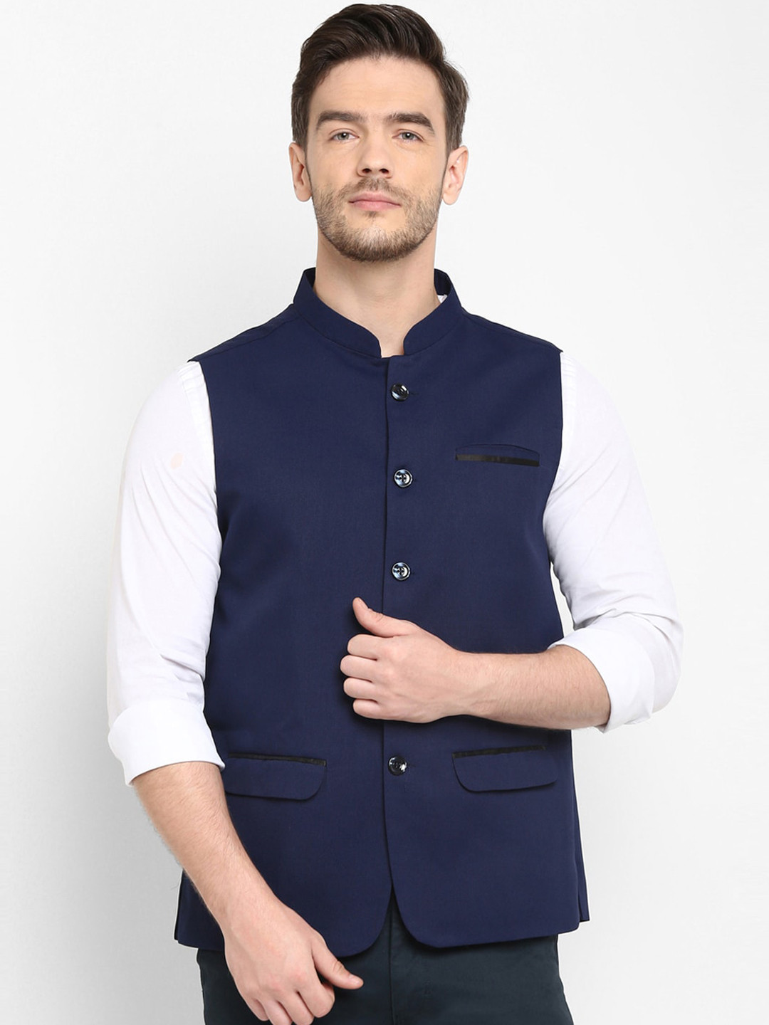 

Hangup Men Navy Blue Solid Woven Nehru Jacket