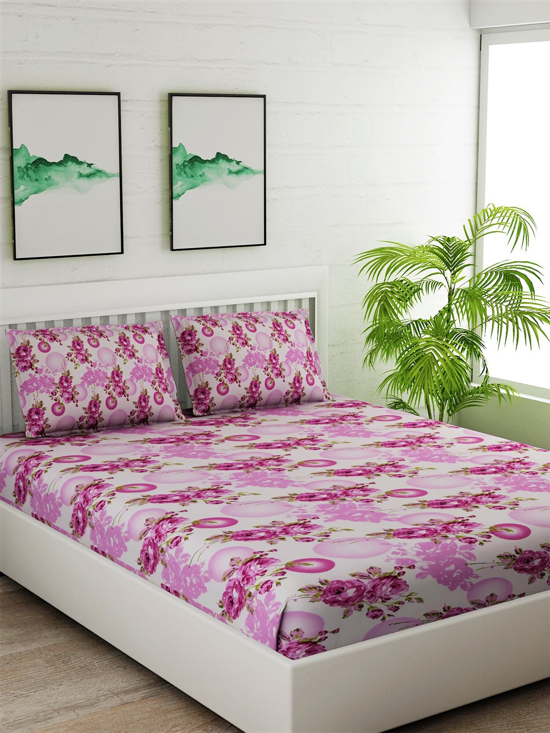 

Salona Bichona Unisex Magenta Floral Printed 1 King Bedsheet With 2 Pillow Cover, Purple
