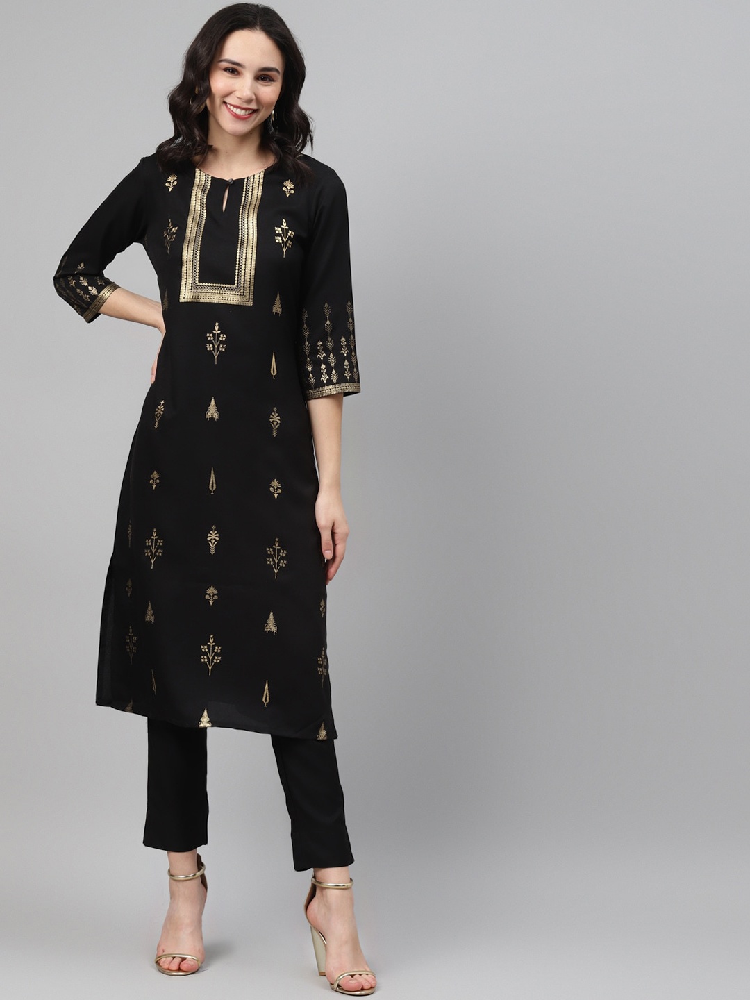 

ZIYAA Women Black & Gold-Toned Ethnic Motifs Keyhole Neck Kurta