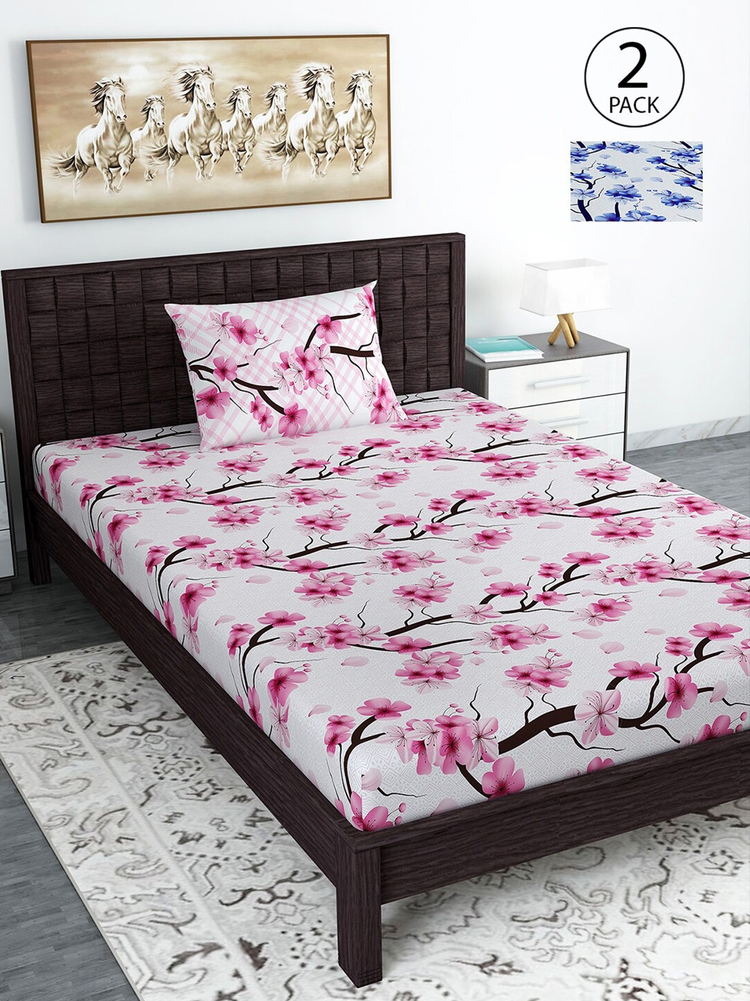 

Divine Casa White & Blue Floral 144 TC Cotton 2 Single Bedsheet with 4 Pillow Covers