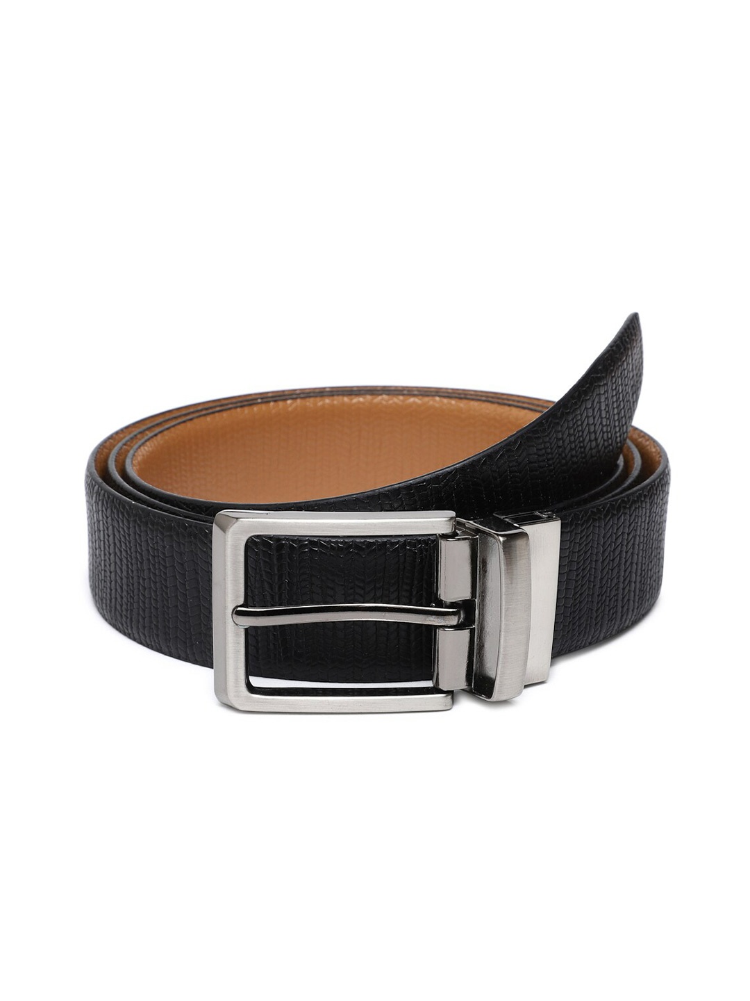 WELBAWT Men Black Solid Formal Texas Leatherite Reversible Belt