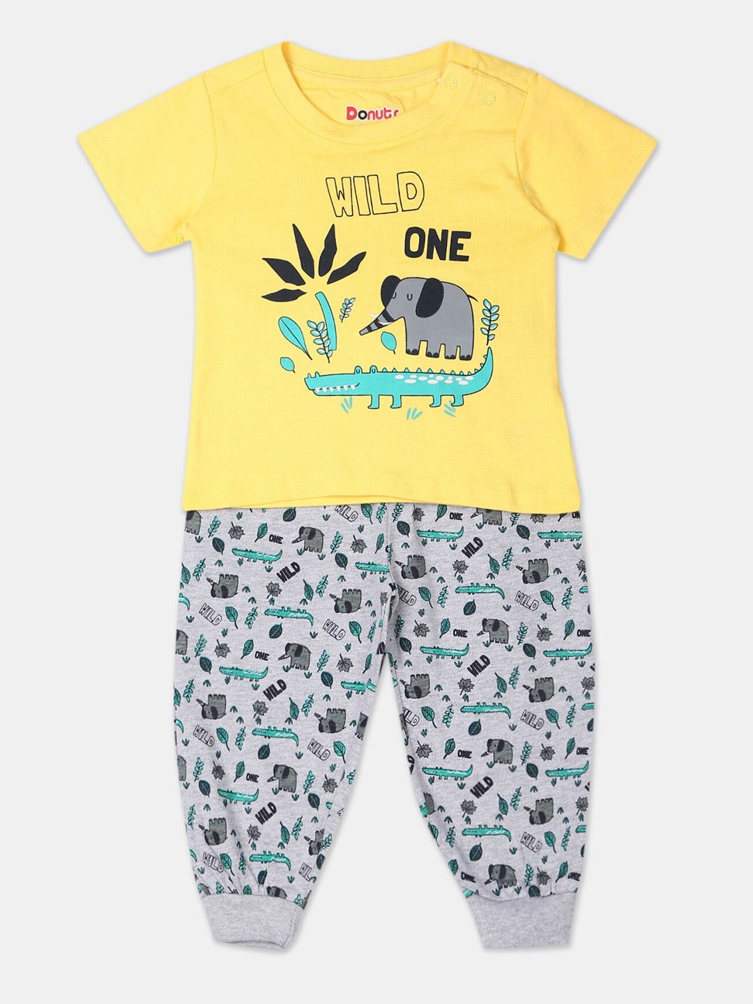 

Donuts Boys Yellow & Grey Melange Printed T-shirt with Trousers