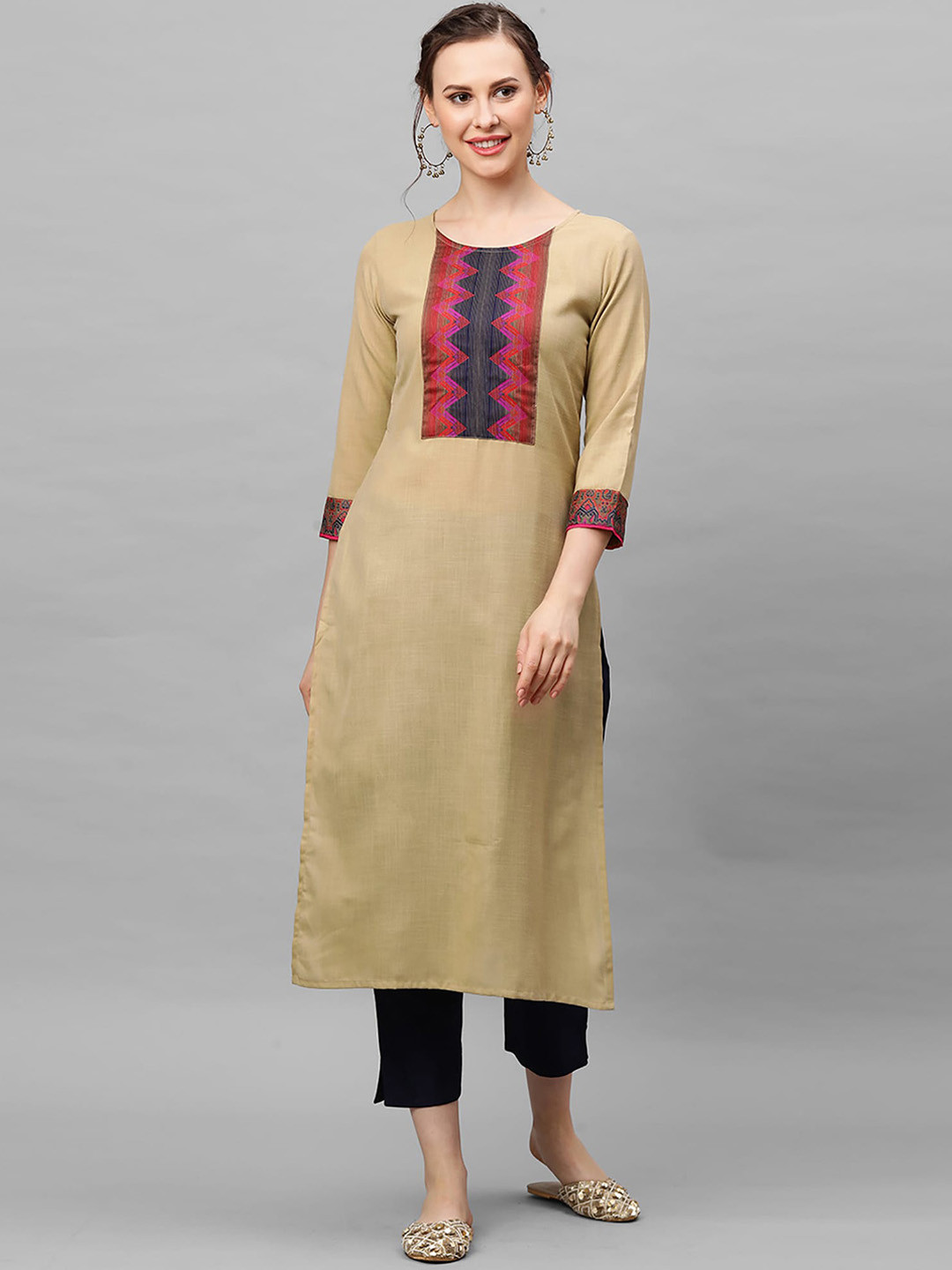 

Indo Era Women Beige Geometric Embroidered Keyhole Neck Thread Work Kurta