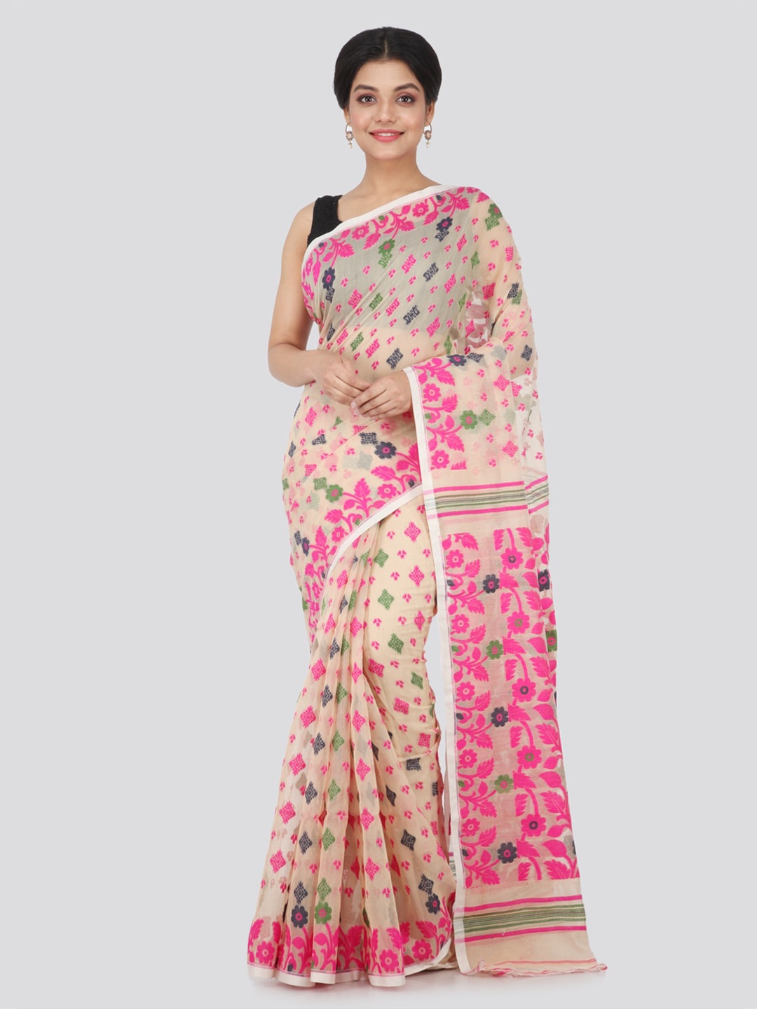 

PinkLoom Beige Pure Cotton Woven Design Handloom Jamdani Sustainable Saree