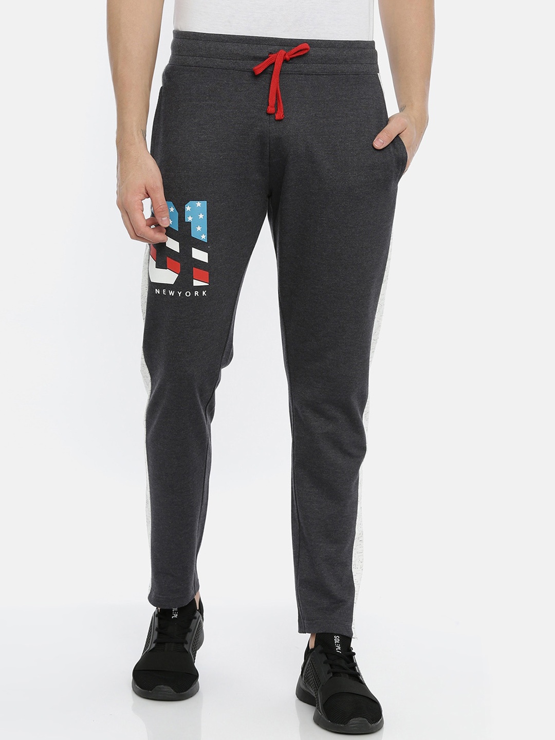 

3PIN Men Charcoal Grey & White Solid Cotton Track Pants