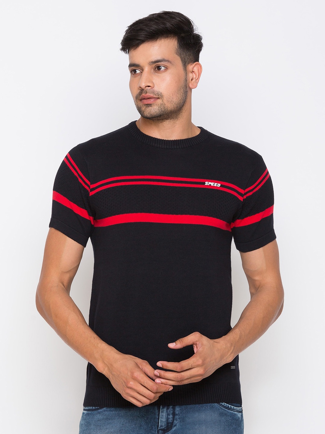 

Globus Men Black & Red Cotton Striped Round Neck T-shirt