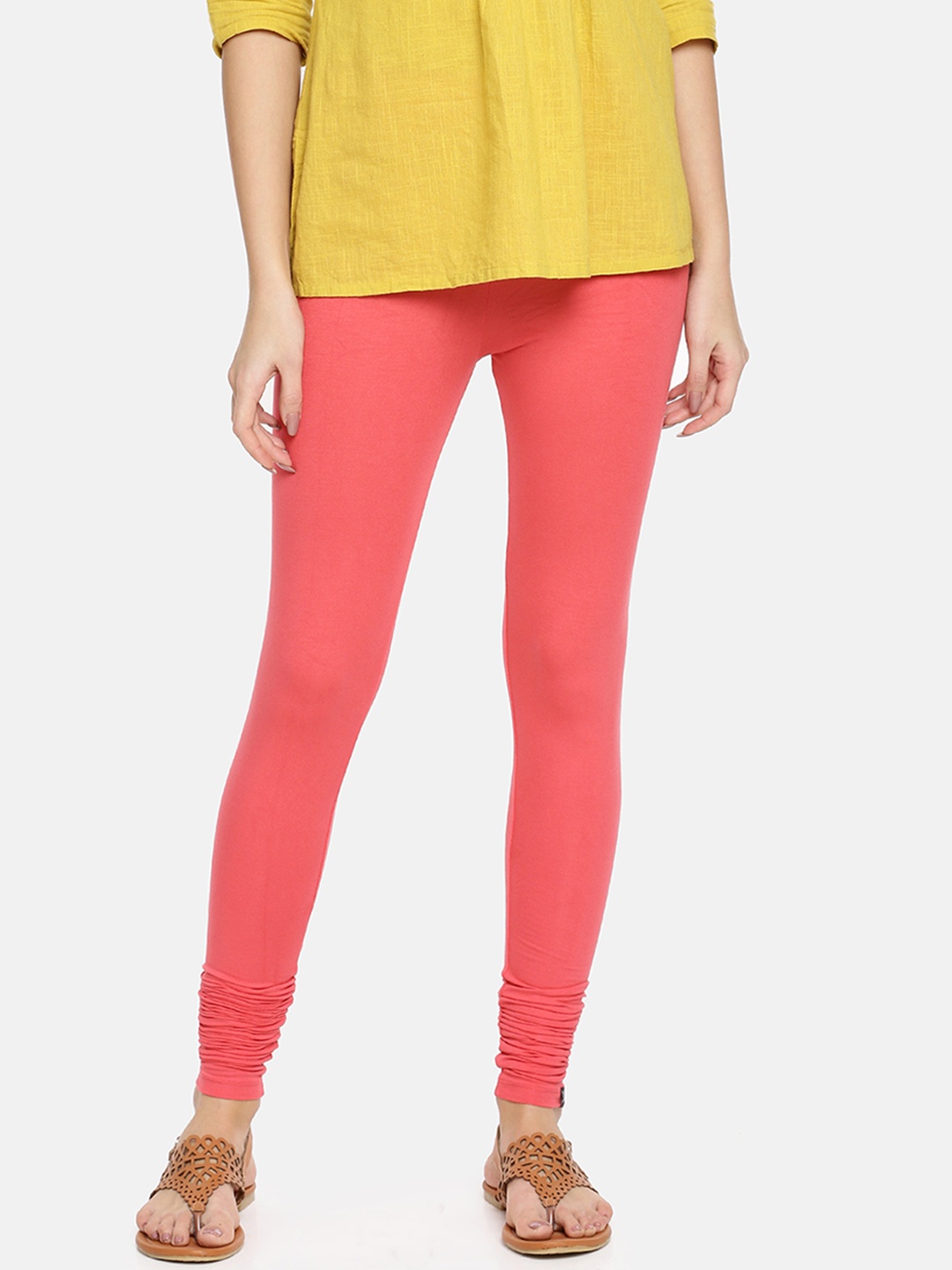 

TWIN BIRDS Women Coral-Coloured Solid Churidar-Length Leggings