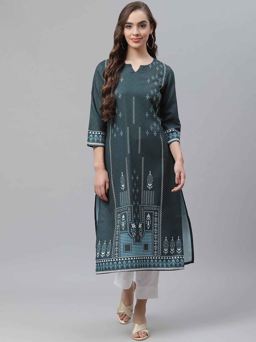 

ZIYAA Women Teal Geometric Printed Kurta