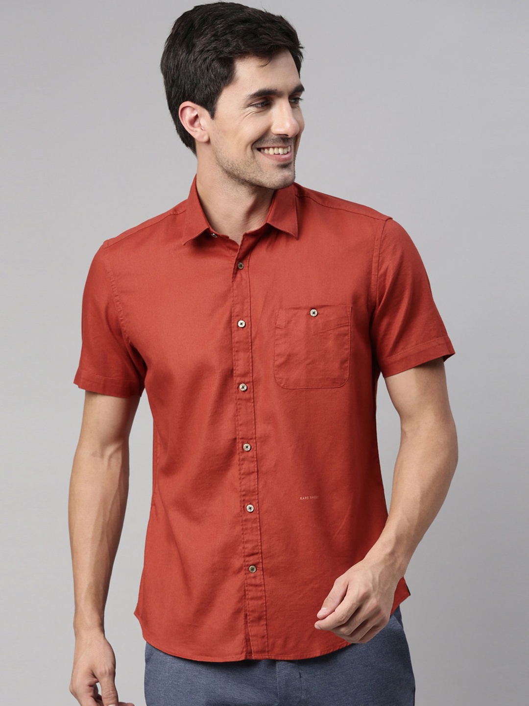 

RARE RABBIT Men Rust Red Solid Cotton Casual Shirt