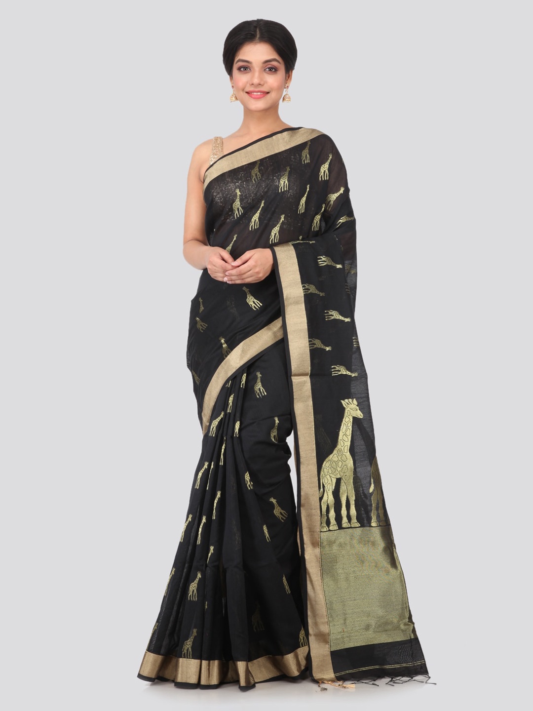 

PinkLoom Black Cotton Blend Woven Design Handloom Saree