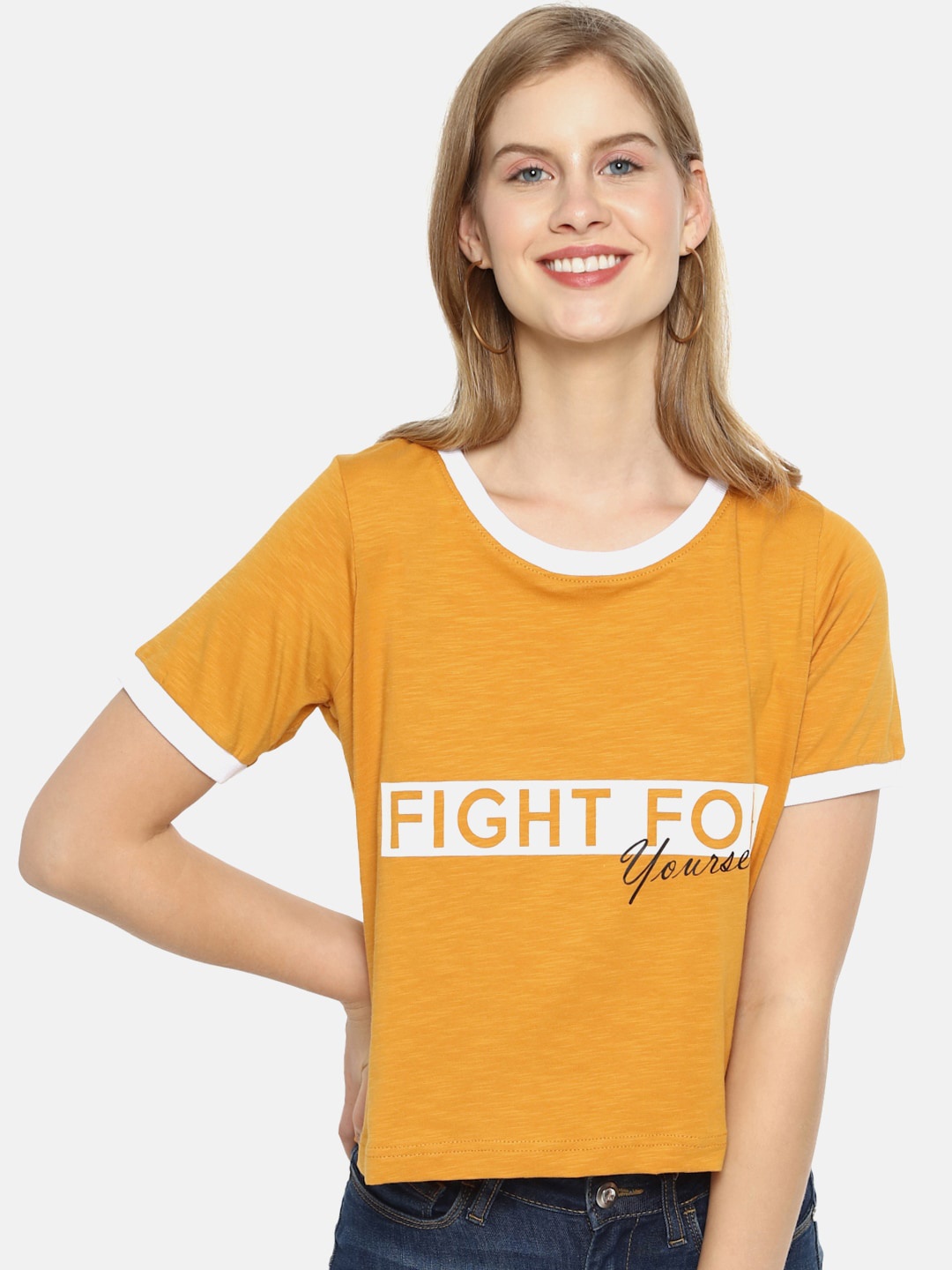 

Campus Sutra Mustard Yellow Cotton Regular Top