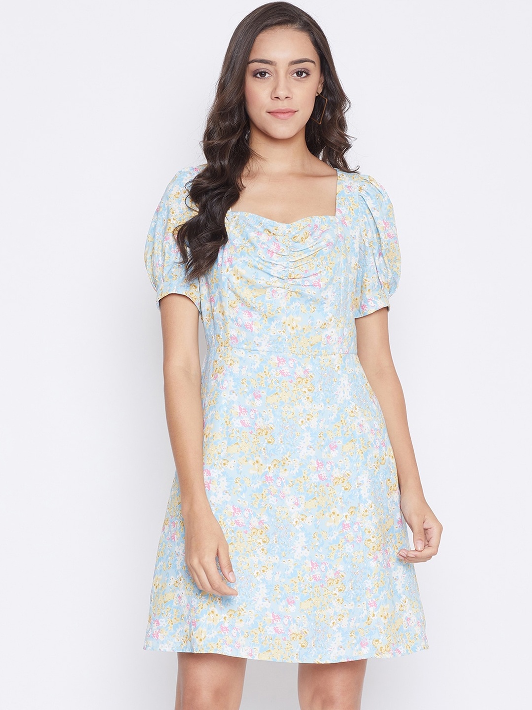 

Madame Women Turquoise Blue & Pink Printed A-Line Dress
