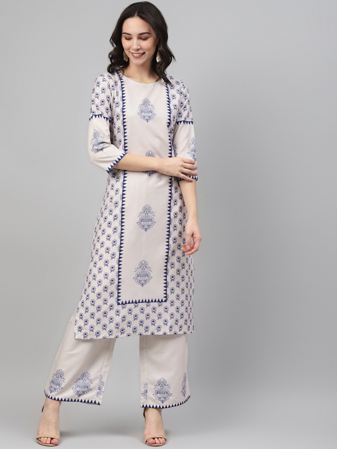 

ZIYAA Women White & Blue Ethnic Motifs Printed Kurta