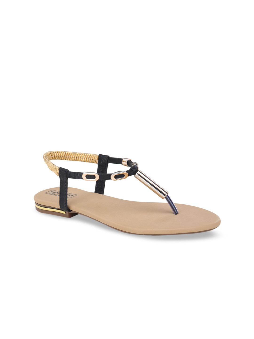 

LONDON STEPS Women Black & Gold-Toned Solid T-Strap Flats