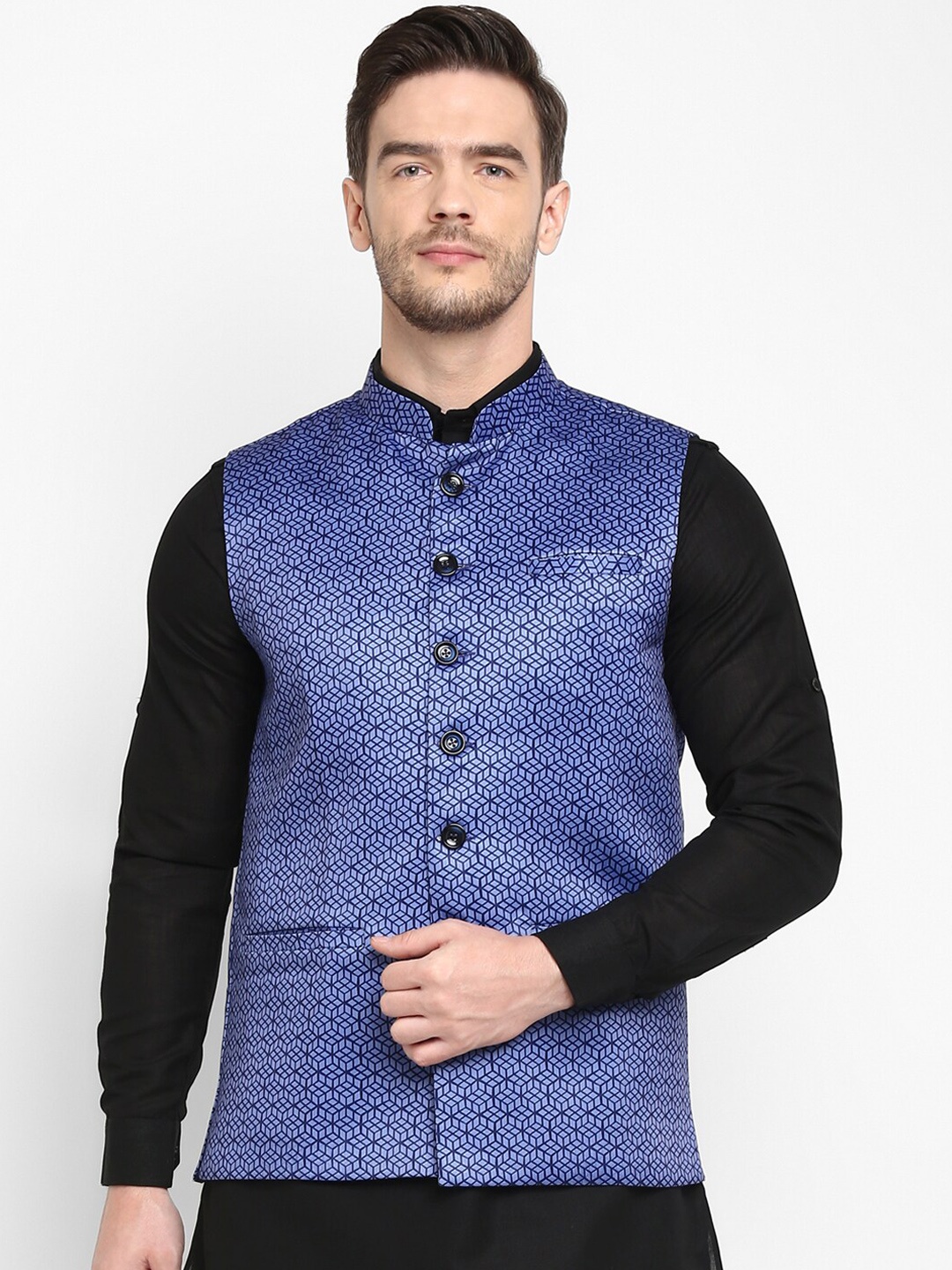

Hangup Men Blue Printed Woven Nehru Jacket
