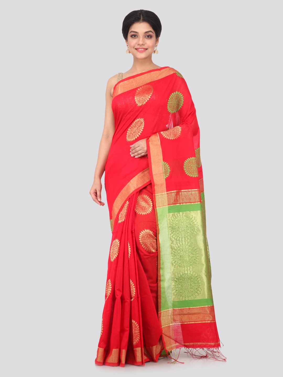 

PinkLoom Red Woven Design Cotton Blend Handloom Saree