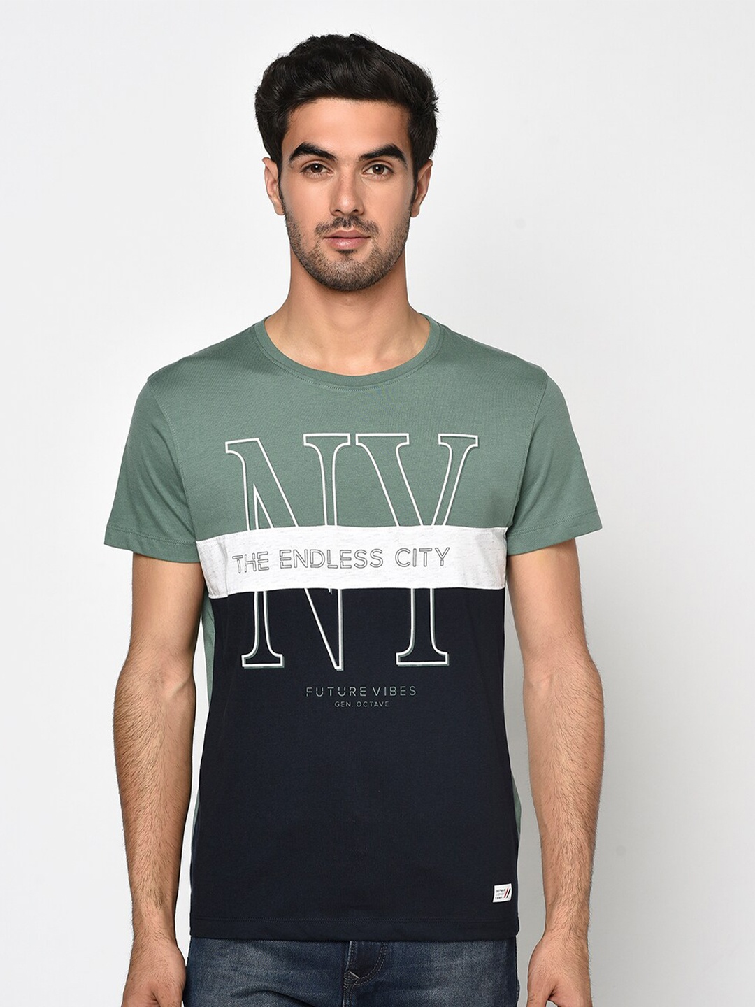 

Octave Men Olive Green Printed Round Neck T-shirt