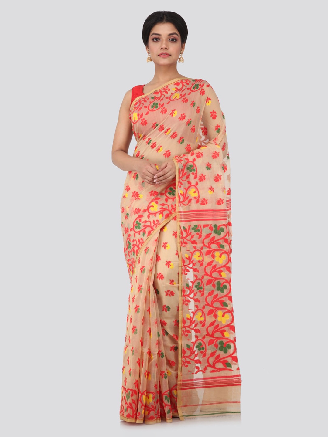 

PinkLoom Beige Pure Cotton Woven Design Jamdani Sustainable Saree