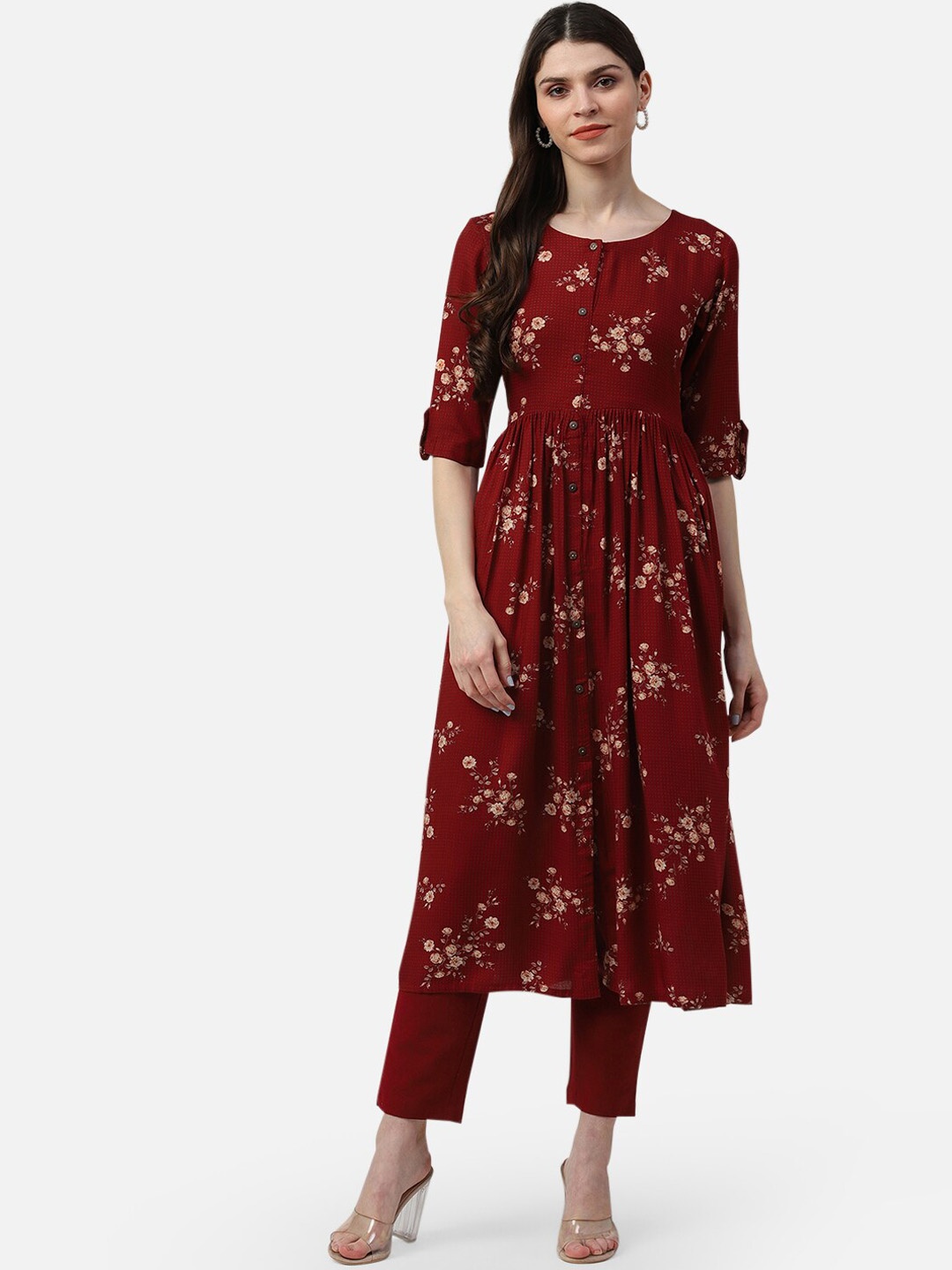 

AHIKA Women Red Floral Printed Anarkali Kurta