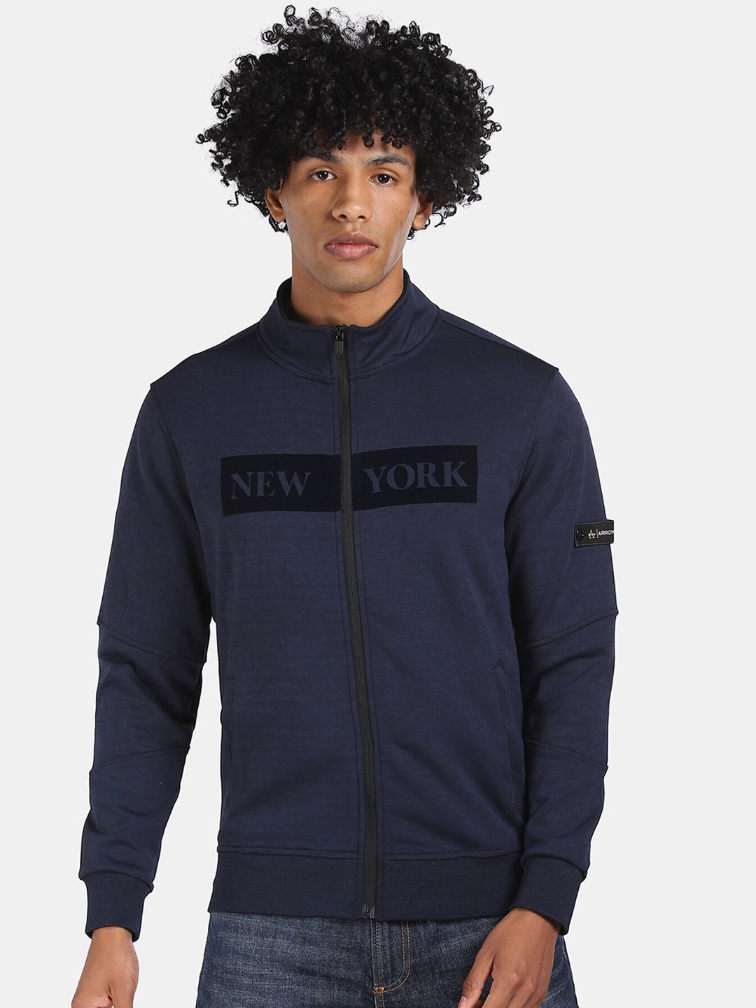 

Arrow New York Men Navy Blue Printed High Neck Heathered Sweatshirt