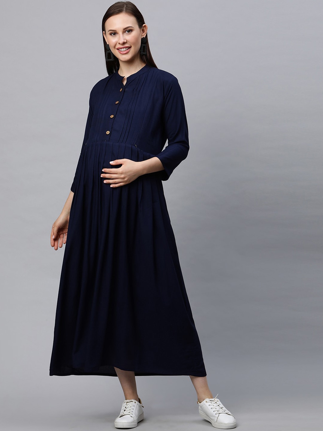 

MomToBe Women Navy Blue Solid Maternity Feeding A-Line Nursing Dress
