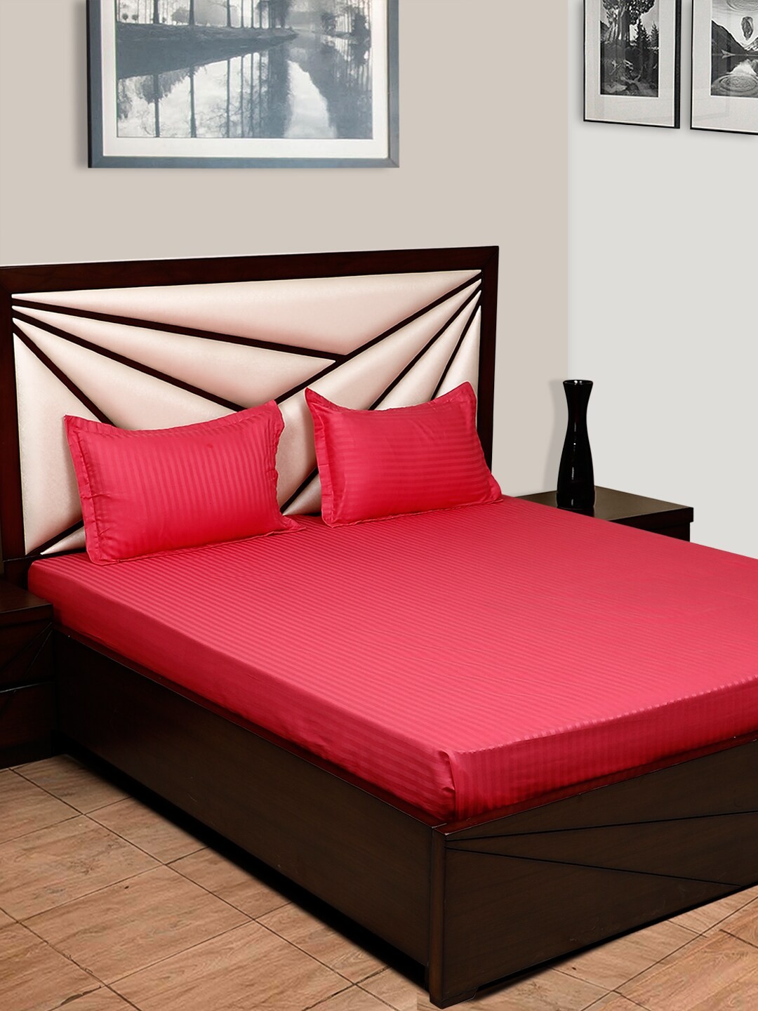

HOSTA HOMES Red Striped 300 TC Cotton 1 King Bedsheet with 2 Pillow Covers