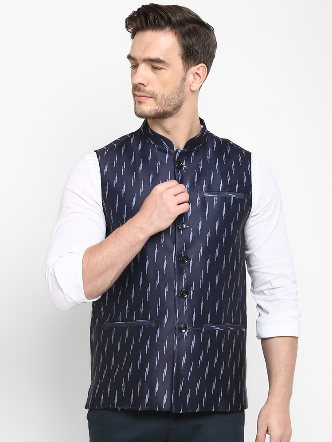 

Hangup Men Navy Blue & White Printed Woven Nehru Jacket