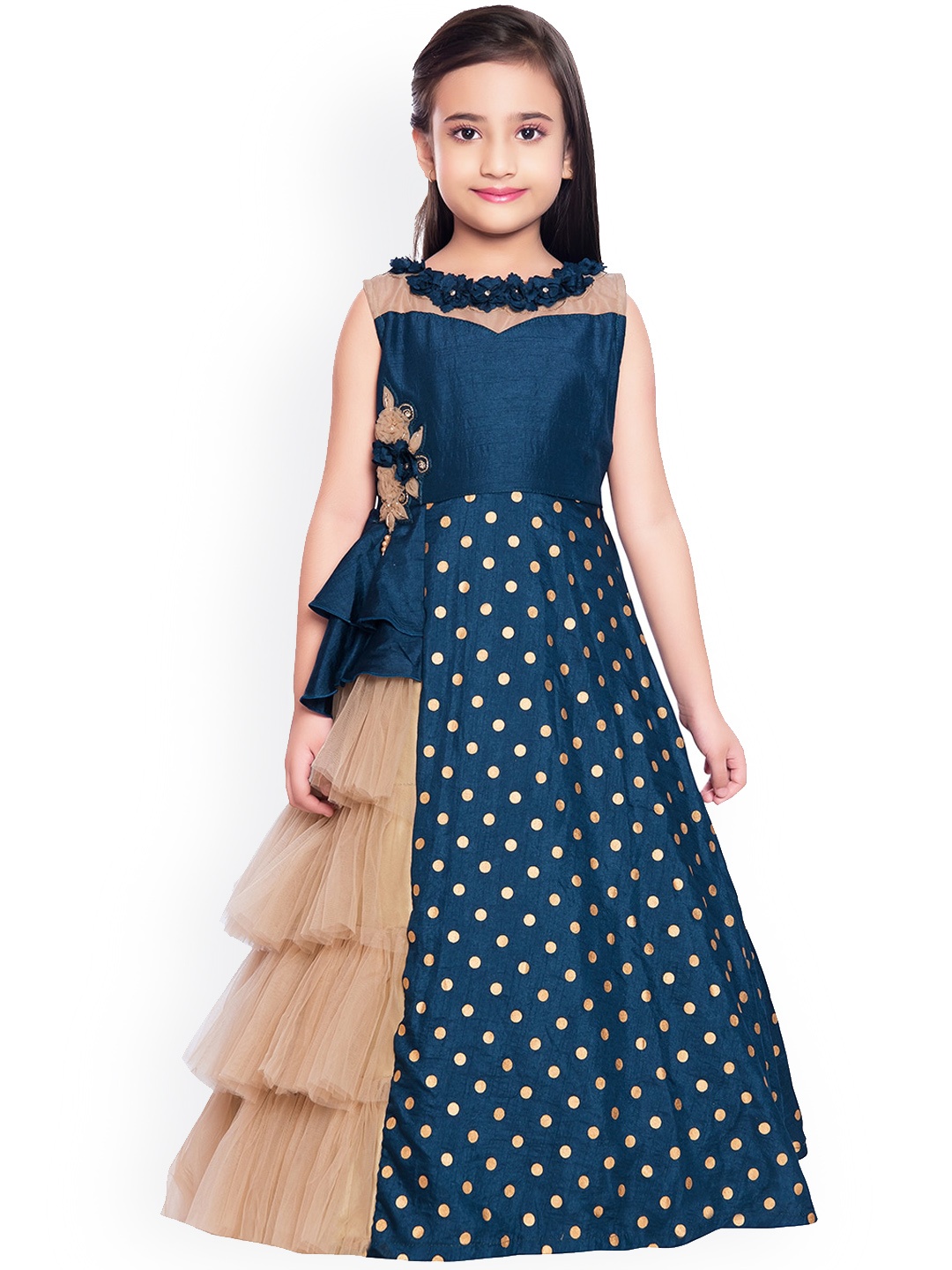 

BETTY Girls Navy Blue & Gold-Toned Printed Fit and Flare Dress