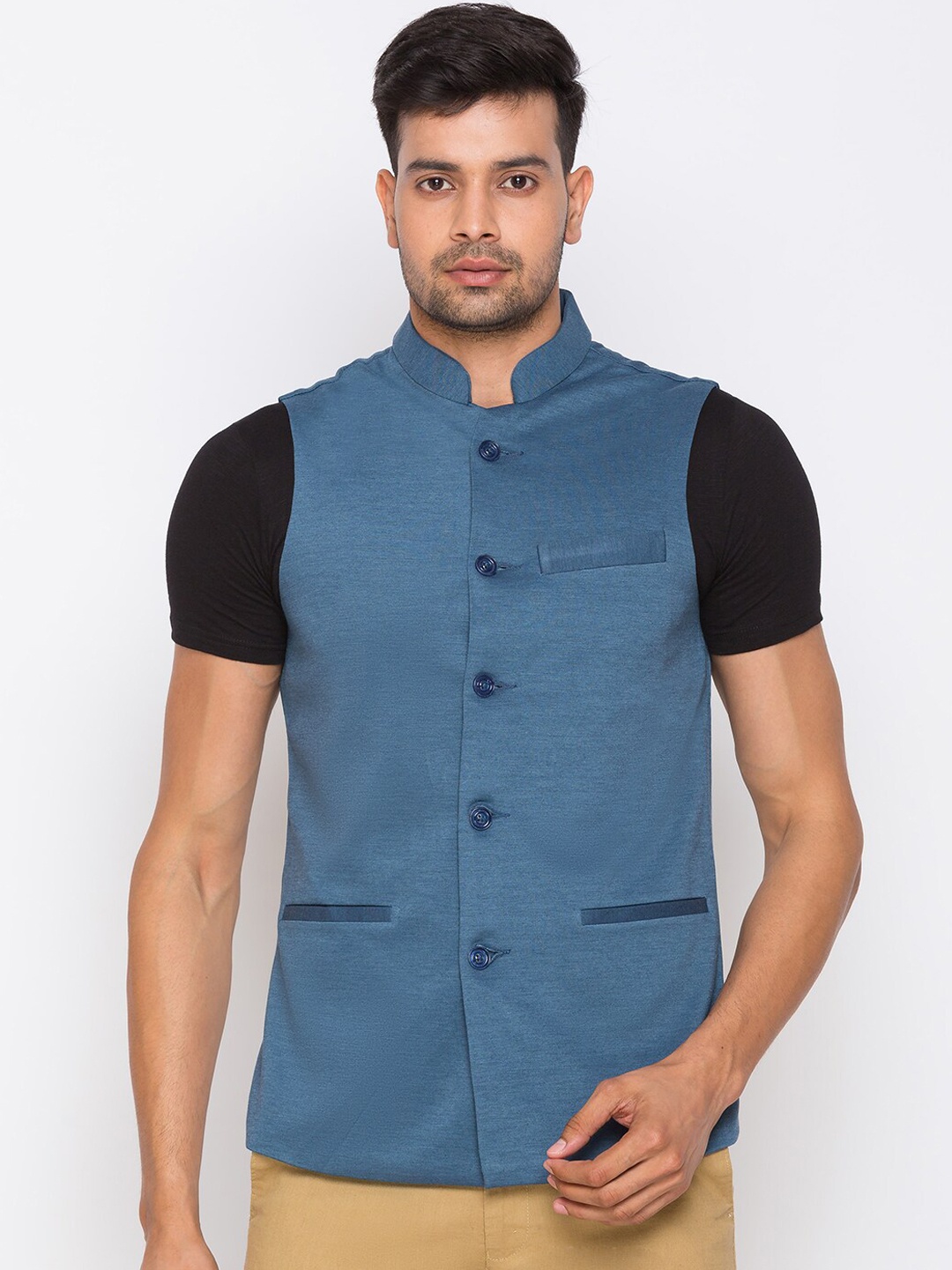 

Globus Men Blue Solid Cotton Solid Nehru Jacket