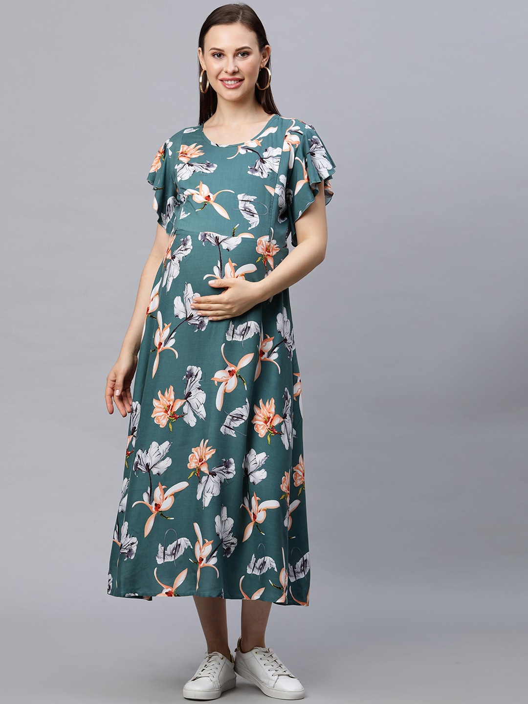 

MomToBe Women Green Floral Printed Maternity Nursing Dress
