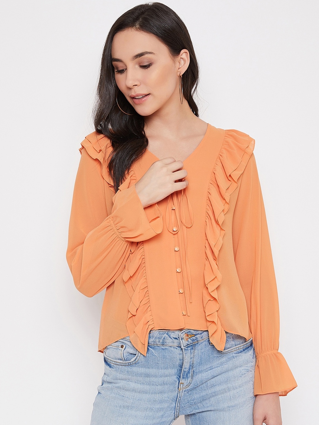 

Madame Orange Tie-Up Neck Georgette Regular Top