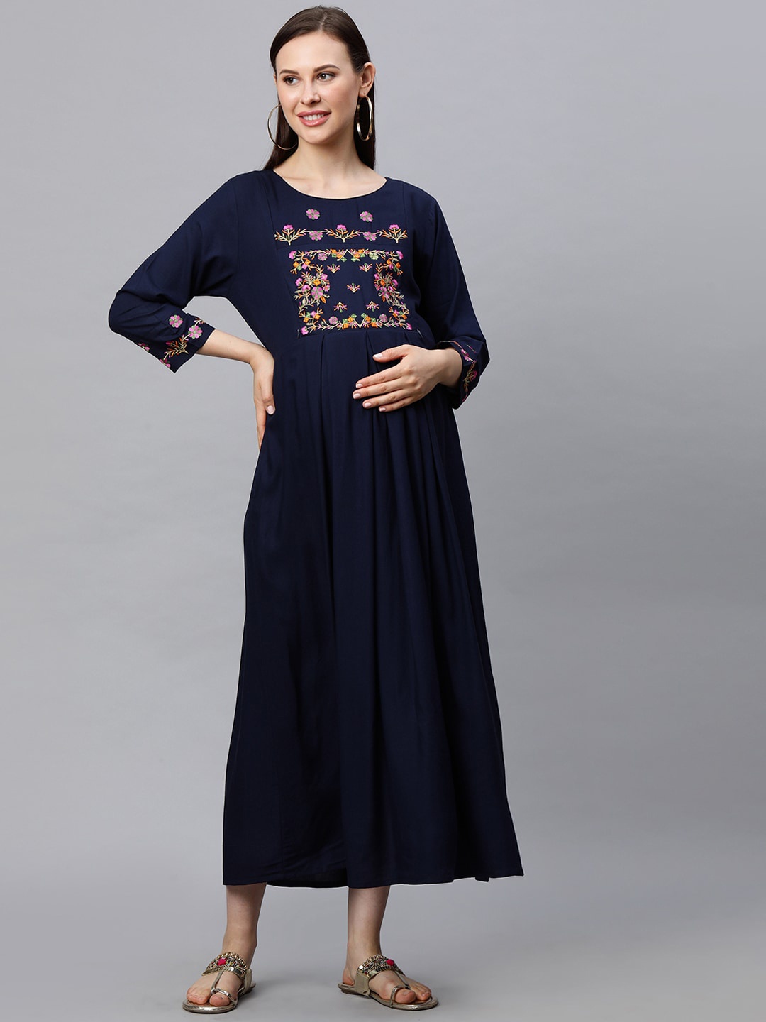 

MomToBe Women Navy Blue Embroidered Maternity Nursing Sustainable Dress