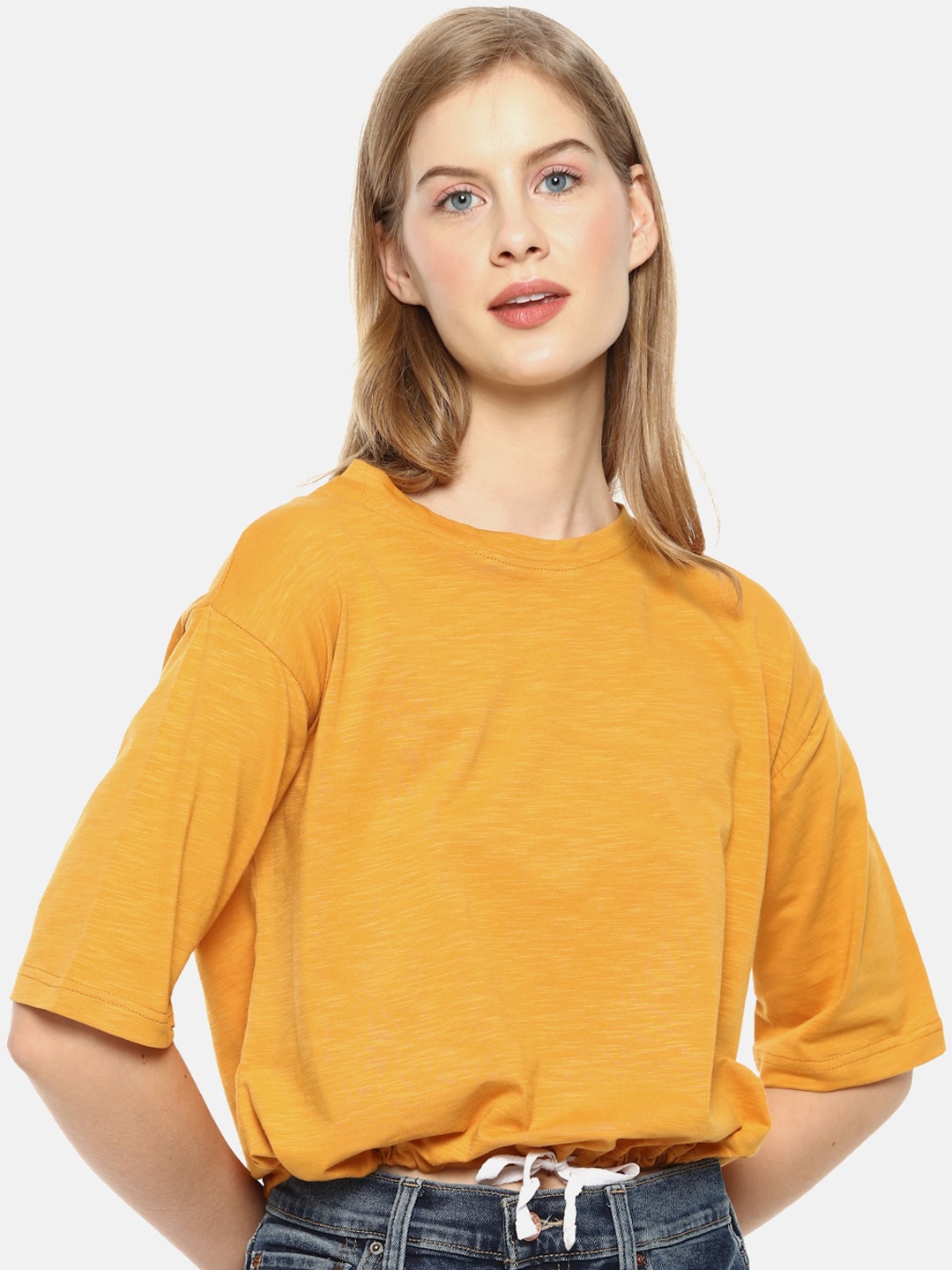 

Campus Sutra Mustard Yellow Cotton Regular Top