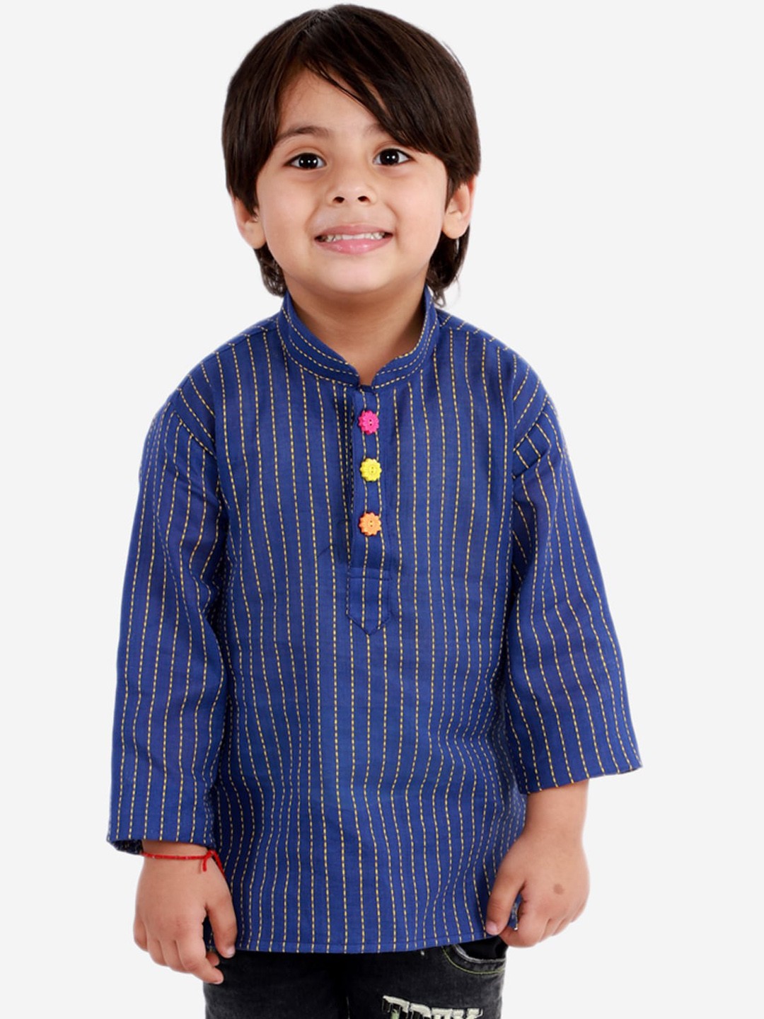 

KID1 Boys Blue & White Striped Thread Work Handloom Kurta