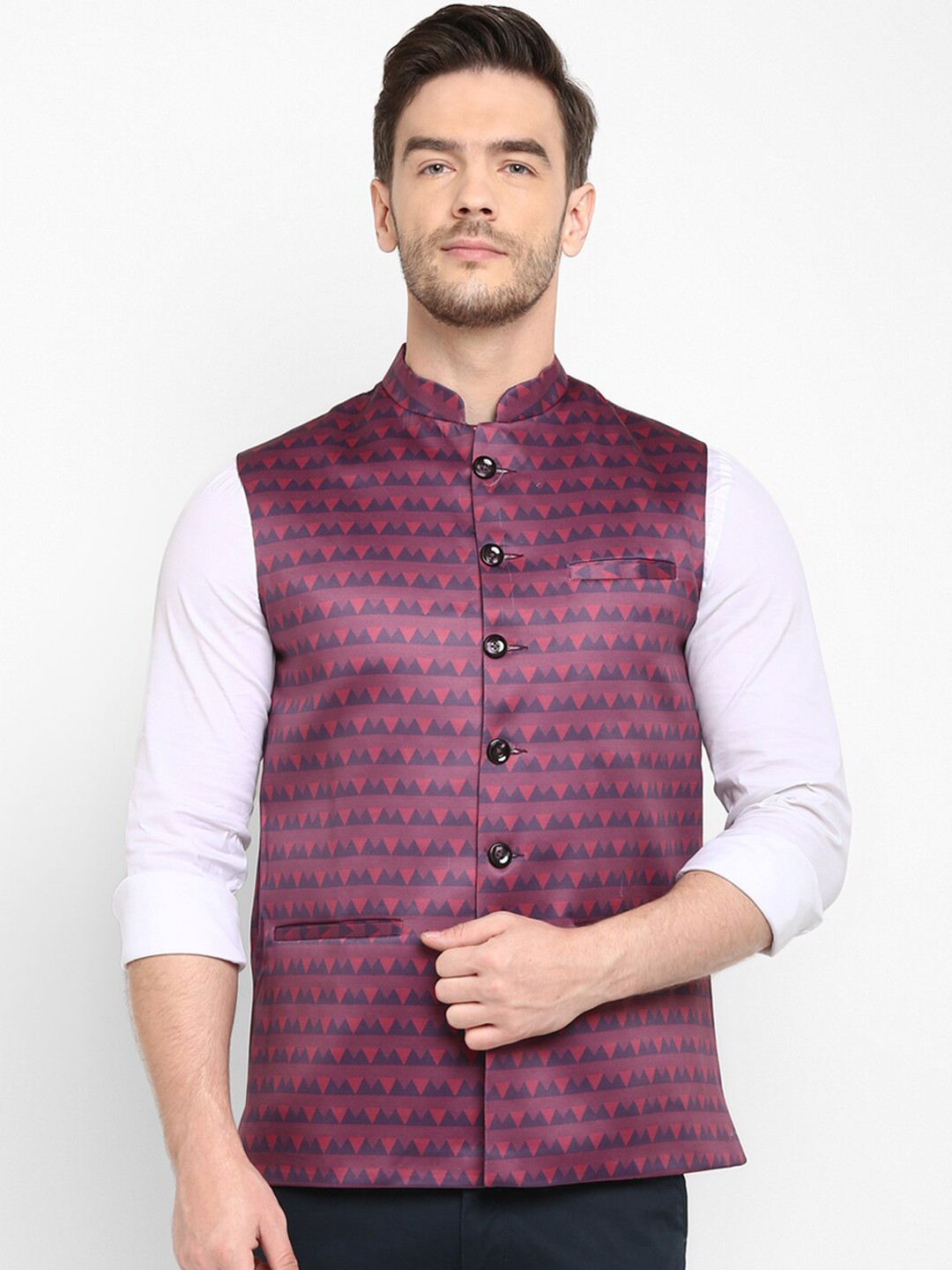 

Hangup Men Pink & Blue Printed Woven Nehru Jacket