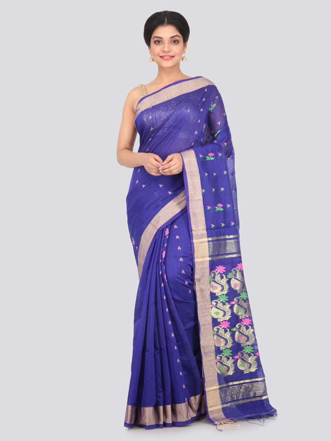 

PinkLoom Blue Cotton Blend Woven Design Handloom Saree