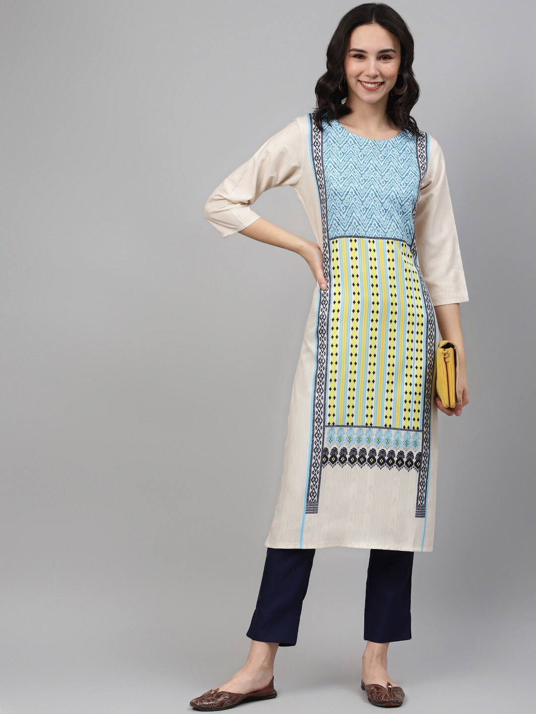 

ZIYAA Women Off White & Blue Geometric Printed Kurta