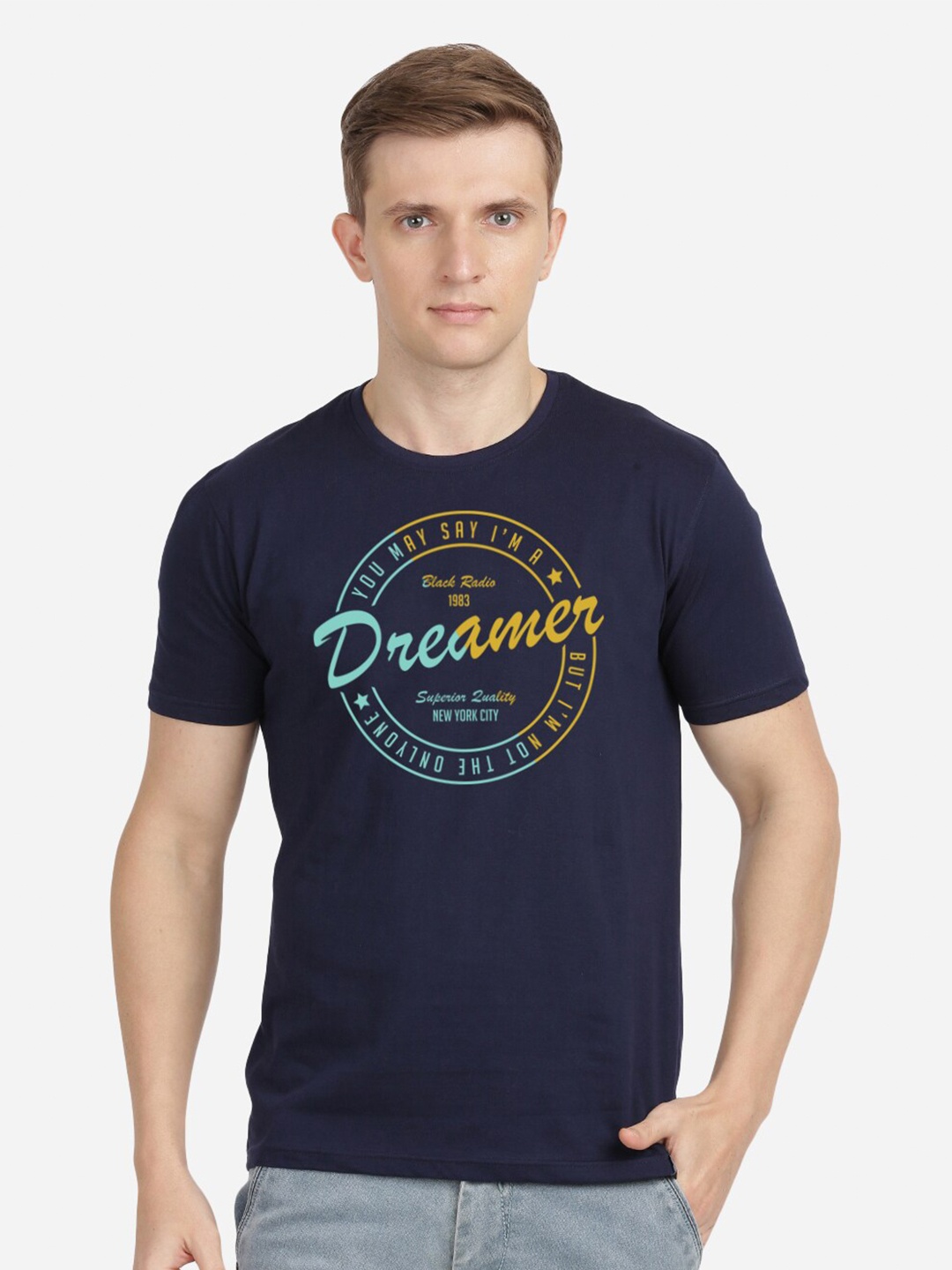 MASH UNLIMITED Men Navy Blue Printed Round Neck Cotton T-shirt
