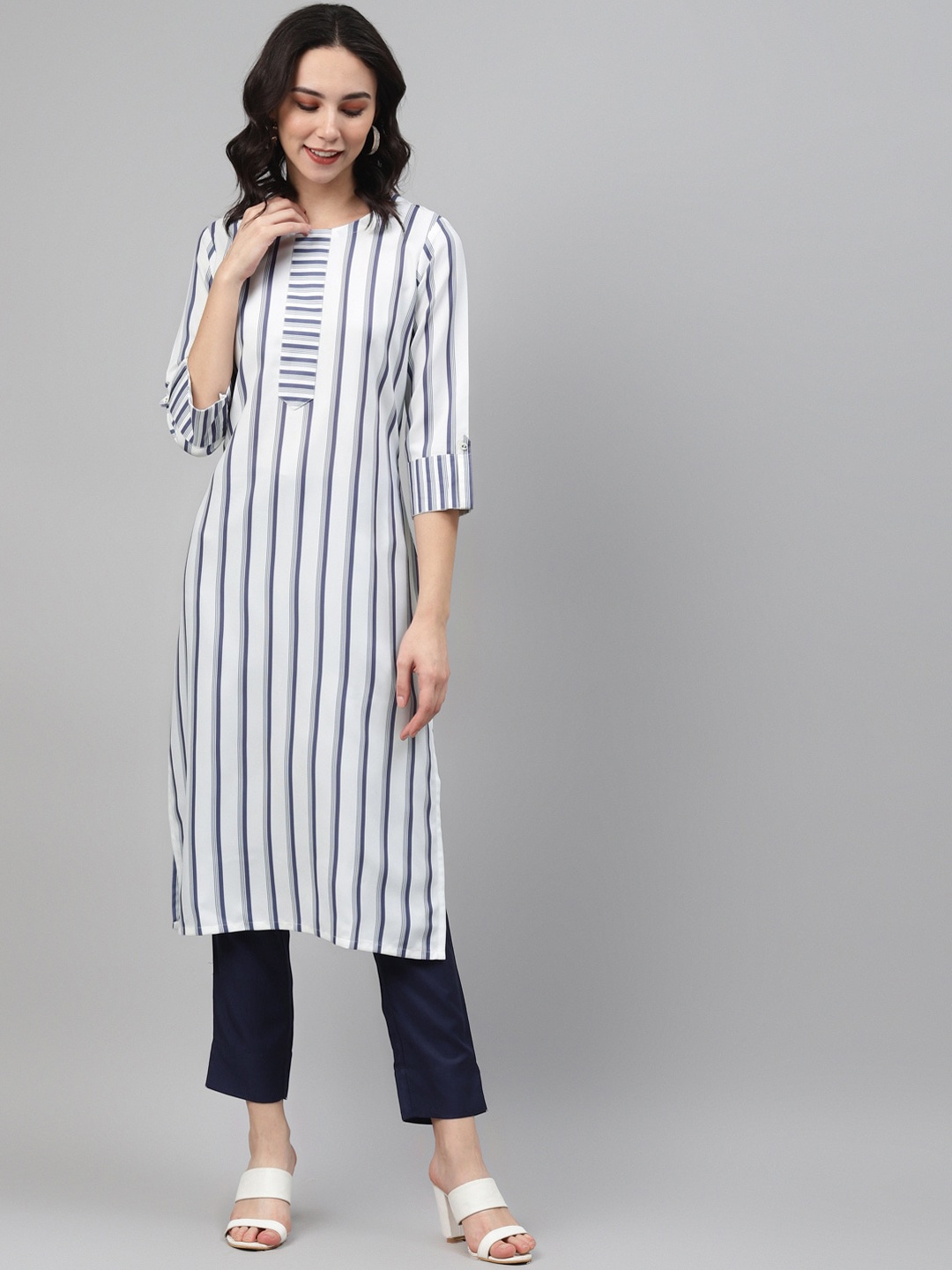 ZIYAA Women Blue & White Striped Straight Kurta
