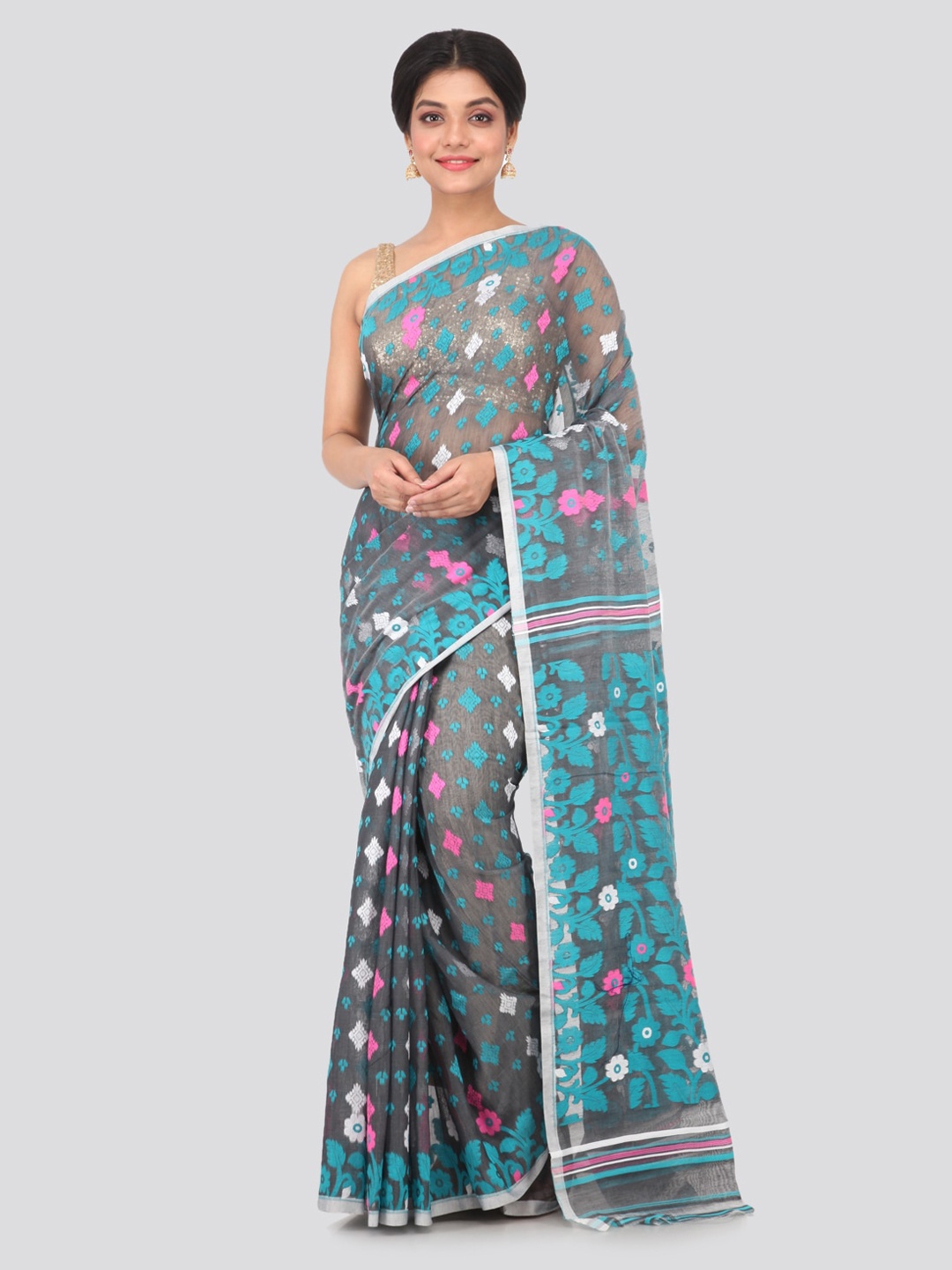 

PinkLoom Grey & Blue Pure Cotton Woven Design Handloom Jamdani Sustainable Saree
