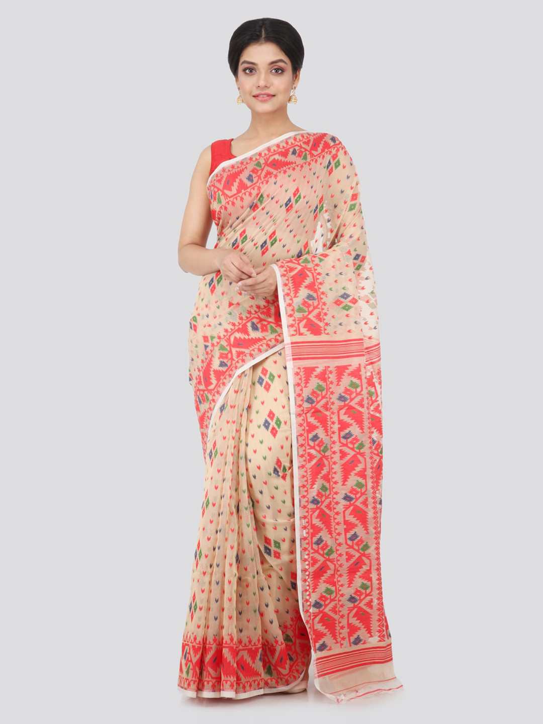 

PinkLoom Beige Pure Cotton Woven Design Handloom Jamdani Sustainable Saree