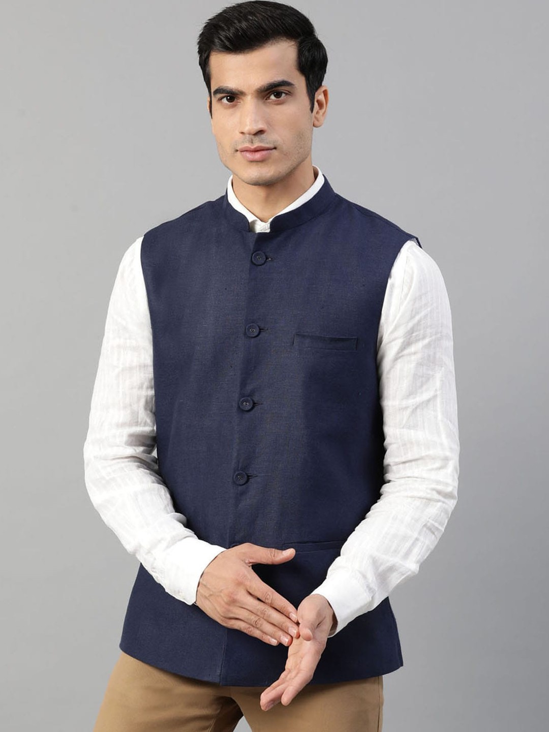 

HARSAM Men Navy Blue Solid Linen Nehru Jacket