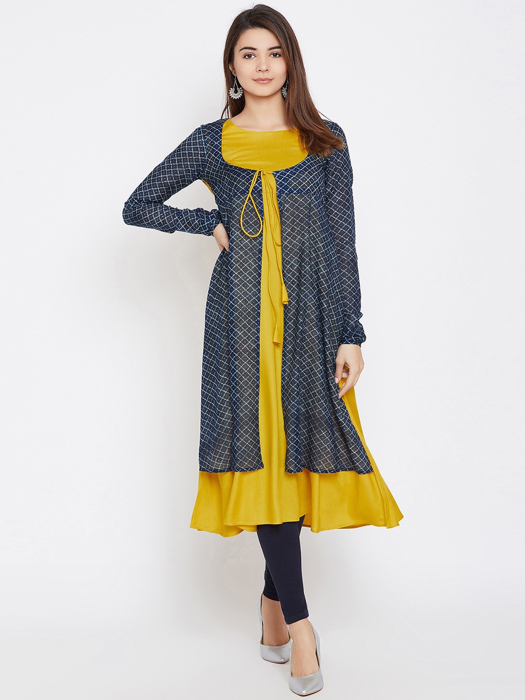 

PANIT Women Yellow & Navy Blue Geometric Printed Anarkali Kurta With Attached Jacket